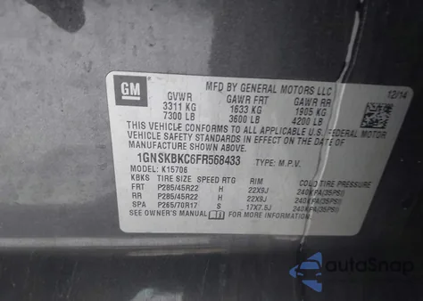 2015 Chevrolet Tahoe Lt из США, поврежденный, VIN 1GNSKBKC6FR568433